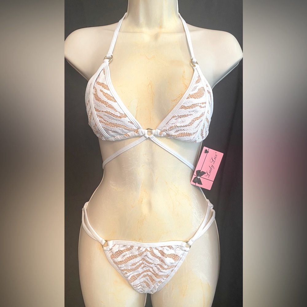Lady Lux 2pc bikini, white tiger print over nude, Sz. Lg, NWT
